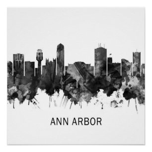Póster Ann Arbor Michigan Skyline BW