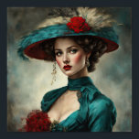 Poster Anna A Proper Art Deco Lady<br><div class="desc">Anna é uma linda mulher do Art Deco. Ela está vestida com um lindo vestido vintage com um chapéu combinando com penas e uma flor. Um belo retrato mostrando um exemplo de uma mulher numa era passada. Linda combinação de cor de turquesa e creme com um toque de vermelho.</div>