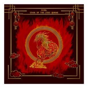 Póster Ano do Cavalo de Fogo, Feliz Ano Novo Lunar
