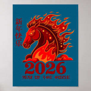 Poster Ano do Cavalo Lunar Chinês Fogo Cavalo
