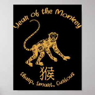 Poster Ano do Macaco Traços Zodíaco Chinês Ano Novo Chinê