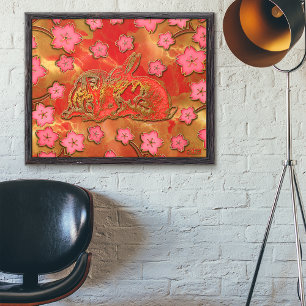 Poster Ano Novo Chinês Coelho Vermelho Dourado Flor de Ce