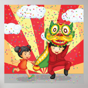 Poster Ano Novo Chinês Dança do Leão e Lanterna para Cria