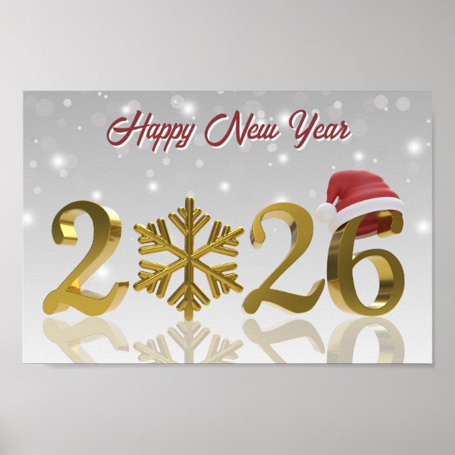 Poster Ano Novo Dourado 2026 com Floco de Neve e Chapéu d (Frente)