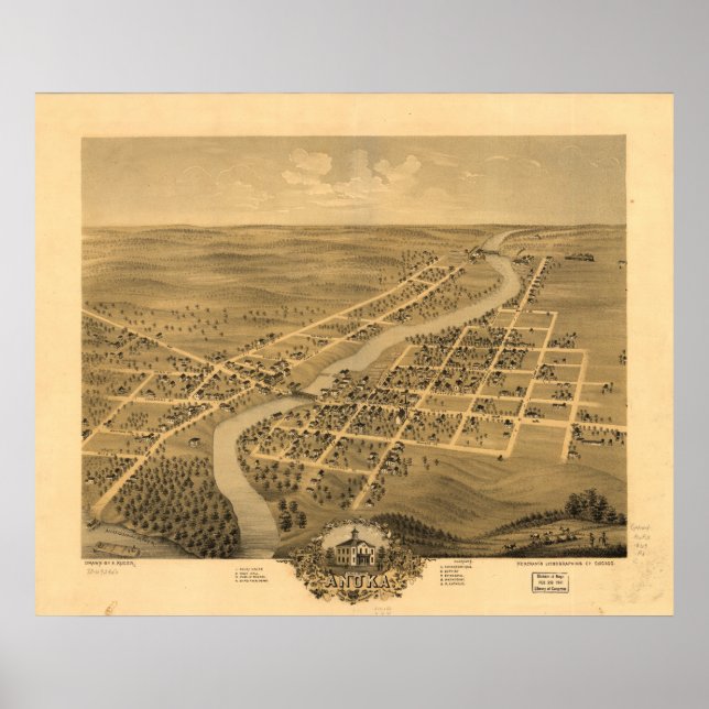 Póster Anoka Minnesota 1869 Mapa Panorâmico Antiquado (Frente)