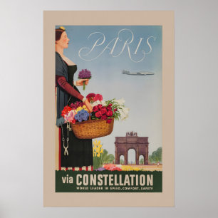 Poster Anos 50 Voar para Paris via Constellation - Vintag