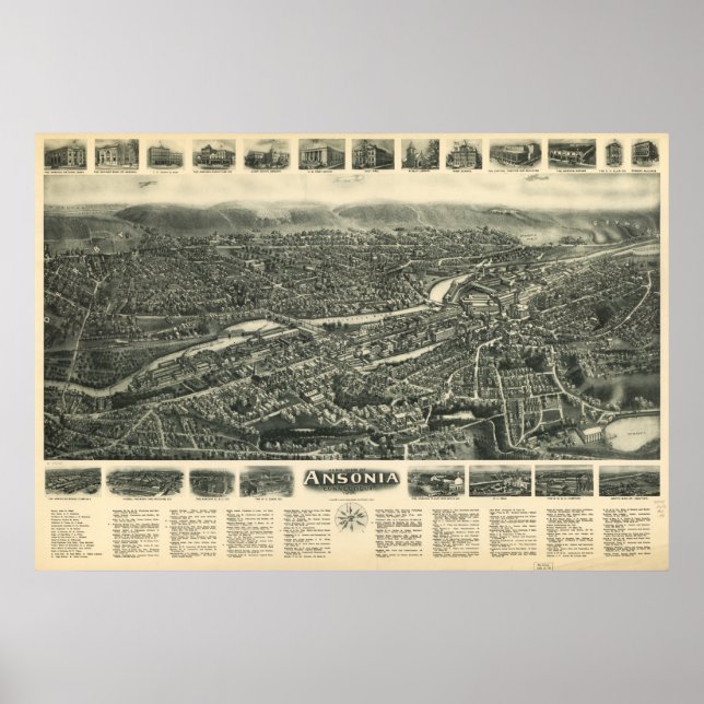 Póster Ansonia Connecticut 1921 Mapa Panorâmico Antiquado (Frente)