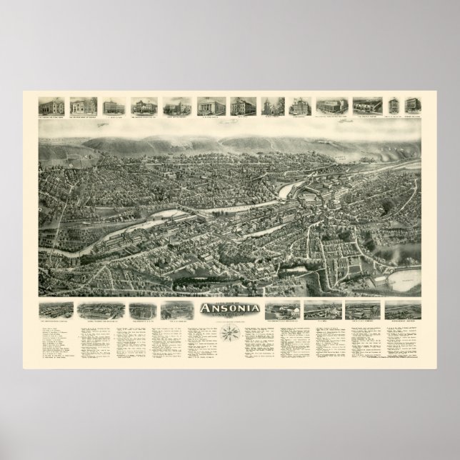 Póster Ansonia, CT Mapa Panorâmico - 1921 (Frente)