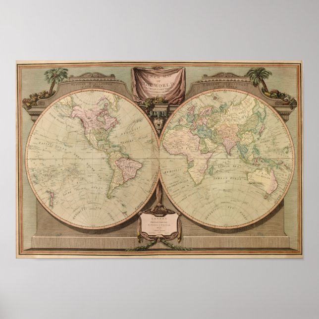 Póster Antecipado Mapa Mundial de 1808 por Laurie e Whitt (Frente)