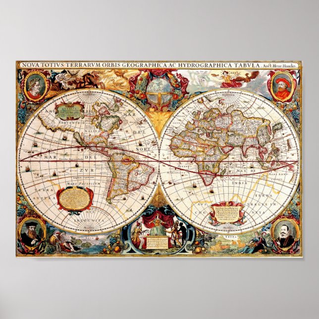 Póster Antecipado medieval, histórico Mapa Mundial Nova T (Frente)