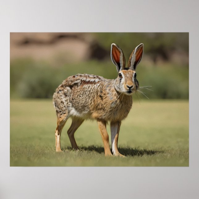 Poster Antelope Jackrabbit em pé na grama (Frente)