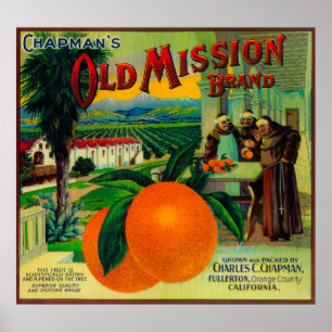 Póster Antiga Missão Orange LabelFullerton, CA