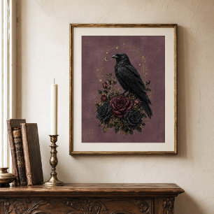 Poster Antiga Plumária Vitoriana Gótica Corvo Floral