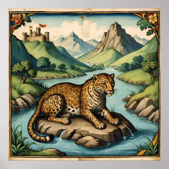 Poster Antigo Leopardo Medieval na Arte Natureza (Frente)