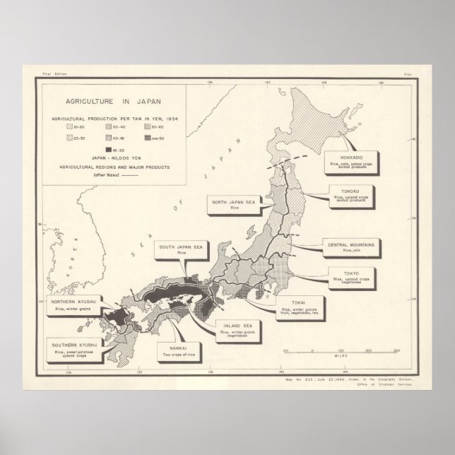 Poster Antigo mapa agrícola do Japão (1942) (Frente)