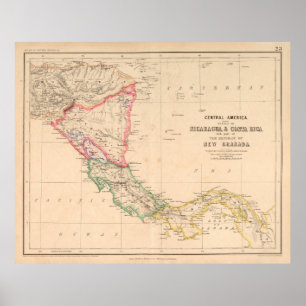 Poster Antigo Mapa da América Central (1857) Países latin