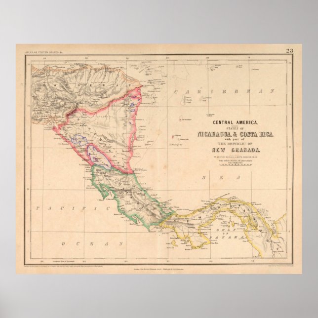 Poster Antigo Mapa da América Central (1857) Países latin (Frente)