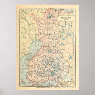 Poster Antigo Mapa da Finlândia (1923) Atlas Finlandês 