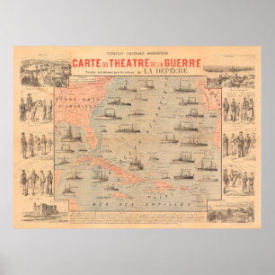 Poster Antigo Mapa da Guerra Americana Espanhola (1898) 