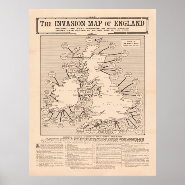 Poster Antigo Mapa da Invasão das Ilhas Britânicas (1909) (Frente)