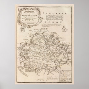 Poster Antigo Mapa de Antígua (1747) Vintage Waladli Isla