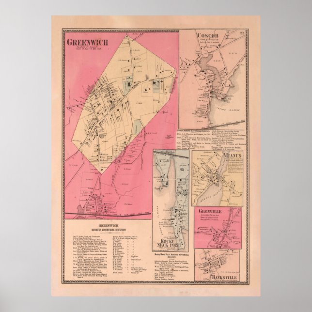 Poster Antigo mapa de CT Greenwich (1867) (Frente)