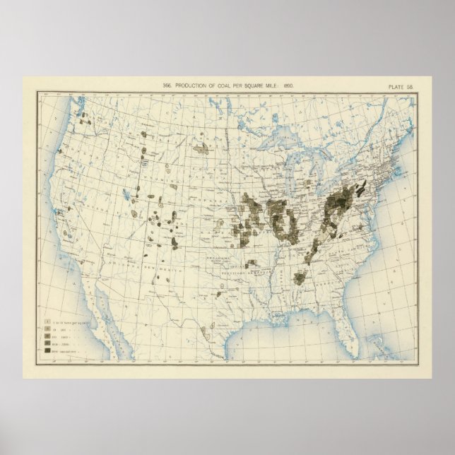 Poster Antigo mapa de extração de carvão dos EUA (1898) (Frente)