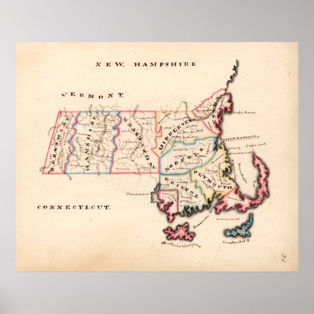 Poster Antigo Mapa de Massachusetts (1819) O Estado da Ba (Frente)