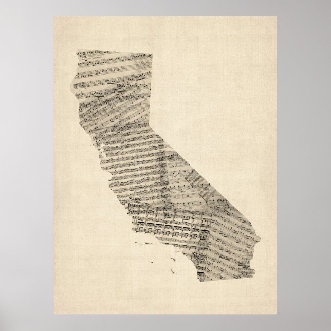Póster Antigo Mapa de Música da Califórnia (Frente)