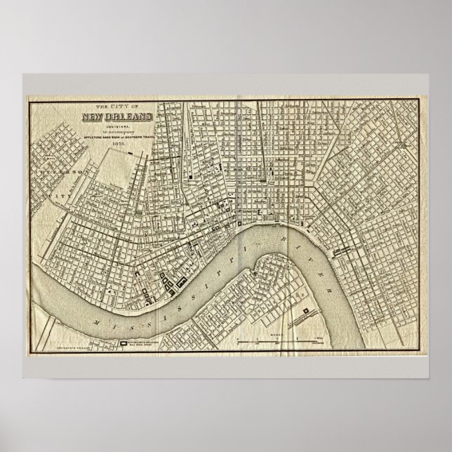 Póster Antigo Mapa de Nova Orleans, LA (Frente)