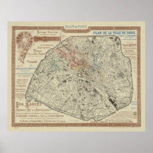 Poster Antigo mapa de Paris (1895)