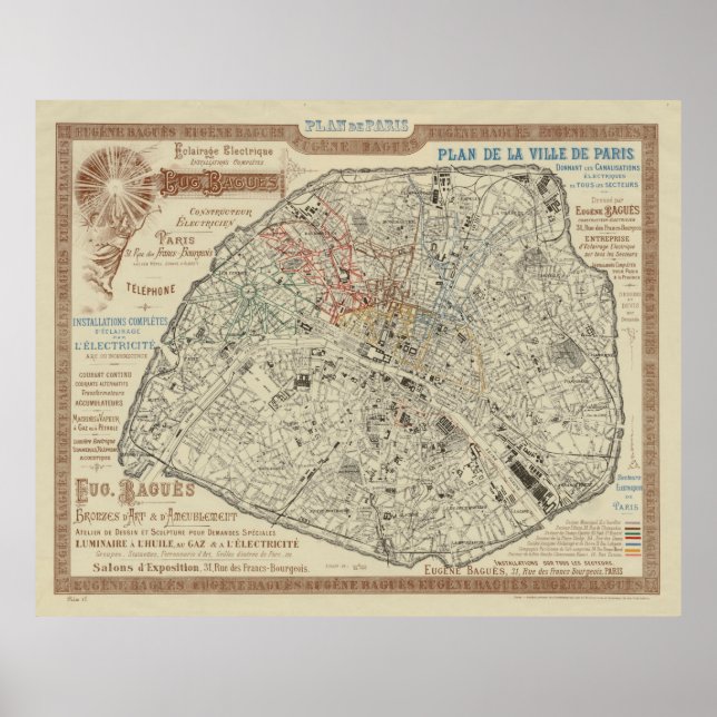 Poster Antigo mapa de Paris (1895) (Frente)
