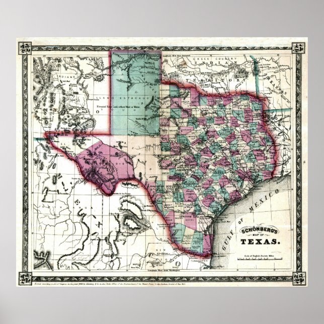 Poster Antigo mapa do Texas de 1866 (Frente)