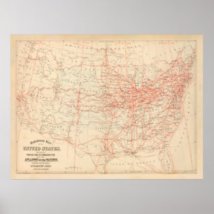 Poster Antigo Mapa Ferroviário dos Estados Unidos (1884)