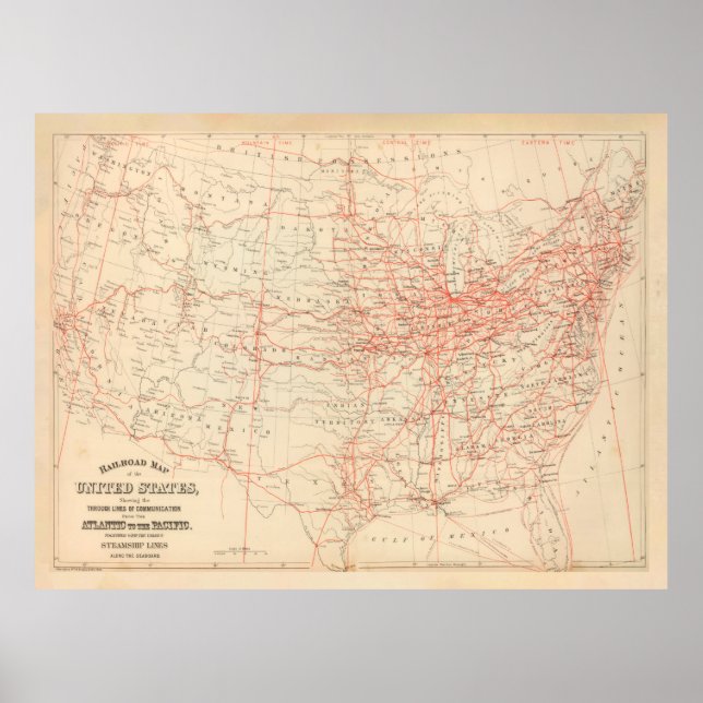 Poster Antigo Mapa Ferroviário dos Estados Unidos (1884) (Frente)