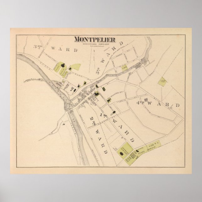 Poster Antigo Mapa VT Montpelier (1876) Vermont Capital (Frente)