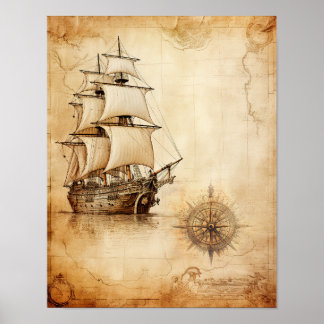 Poster Antigo navio e Mapa Antiquado do Compasso Windrose