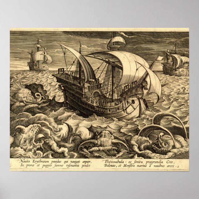 Poster Antigo Navios de 1590 e Monstros Marinhos (Frente)