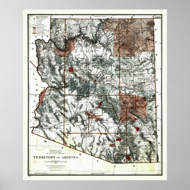 Poster Antigo Território de 1887 do Mapa de Arizonas (Frente)