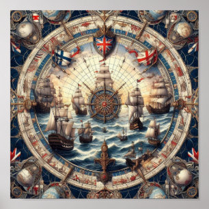 Poster Antigos navios à vela - Inglaterra - Noruega - Fin