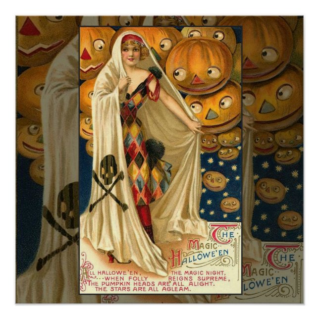 Póster Antiguidade Halloween Jack O Lanterna Mulher do Co (Frente)