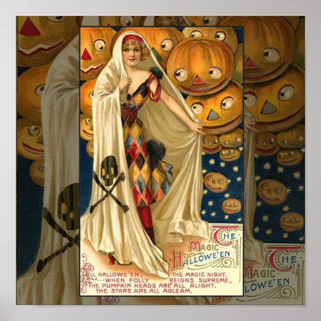 Póster Antiguidade Halloween Jack O Lanterna Mulher do Co (Frente)