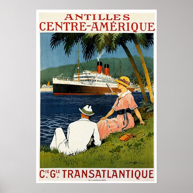 Poster Antilhas Norte-Americana Vintage Ship Viagem (Frente)