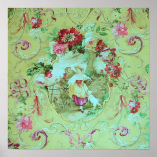 Poster Antiquado estilo Toile Rococo Vitoriano Verde