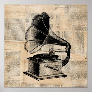 Poster Antiquado fonógrafo - Máquina de Falar Arte Musi