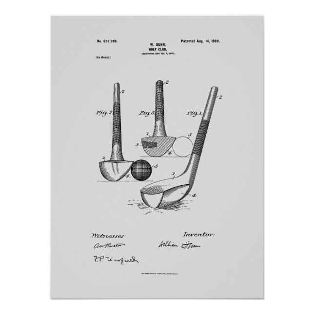 Póster Antique Golf Club 1900, Desenho de Patentes (Frente)
