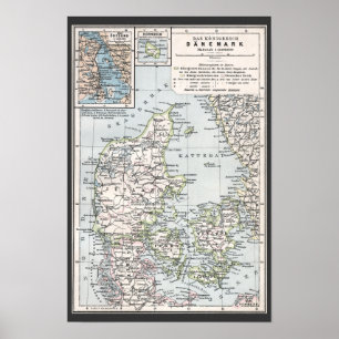 Póster Antique Map of Denmark, Danmark in Danish, 1905