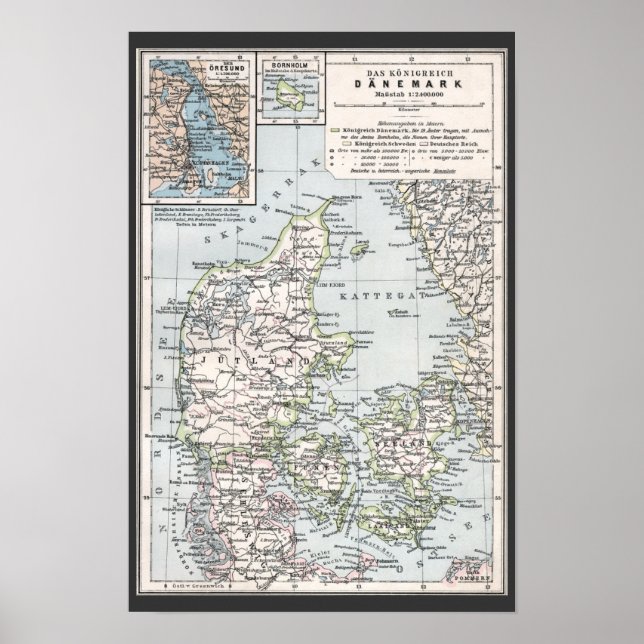 Póster Antique Map of Denmark, Danmark in Danish, 1905 (Frente)