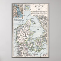 Antique Map of Denmark, Danmark in Danish, 1905
