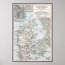 Póster Antique Map of Denmark, Danmark in Danish, 1905